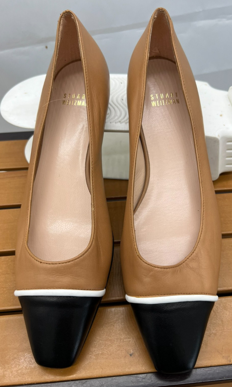 Stuart Weitzman Cap-Toe Leather Ballet Flats Tan Beige Black White Trim Size 8.5
